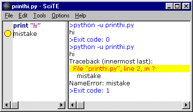 SciTE после запуска интерпретатора Python